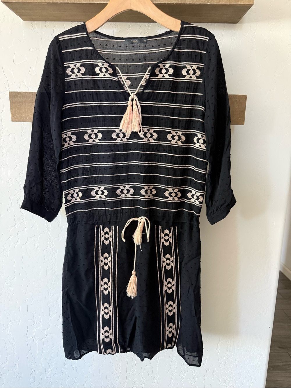 THML|Black Embroidered Tassel Boho Tunic Dress,long sleeve•••XS,Textured details